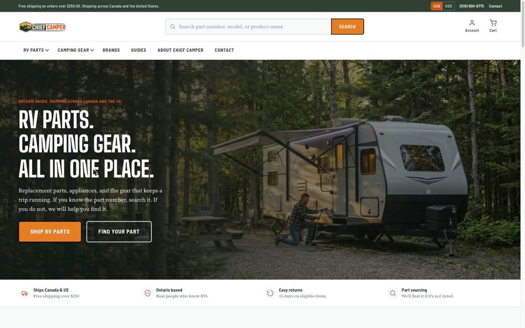 The rebuilt Chief Camper store. A part search sits at the top of the page, above a headline reading RV parts, camping gear, all in one place, with shipping and returns stated underneath.