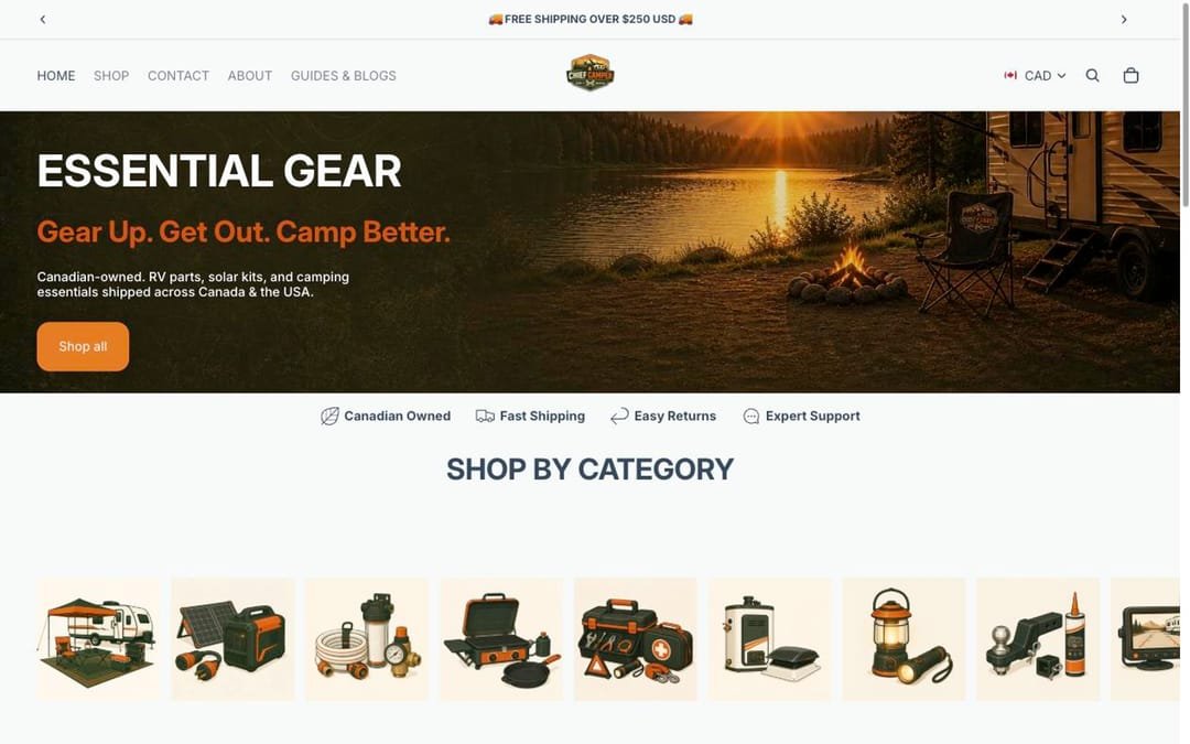 The previous Chief Camper store on Shopify. A wide banner image sits above a row of small category tiles, with the product range pushed below the fold.