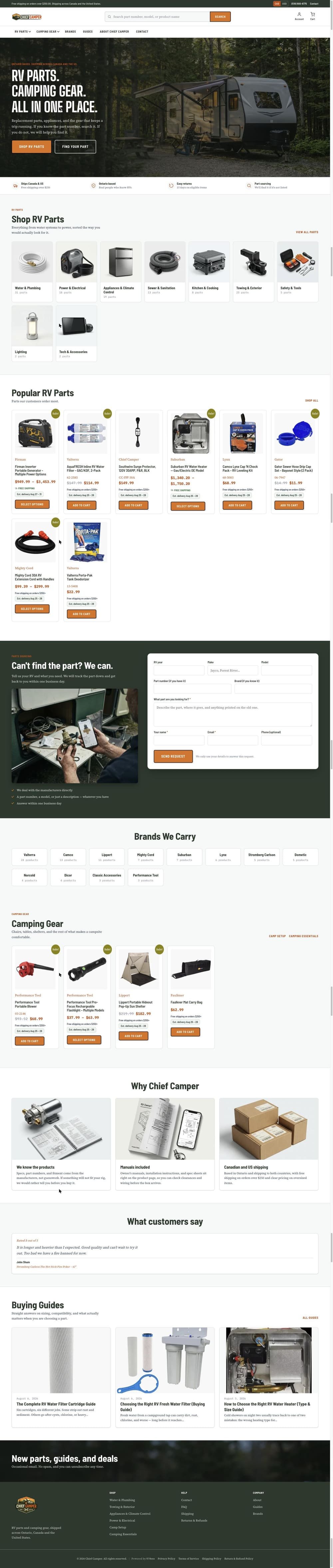 The complete Chief Camper homepage from top to bottom.