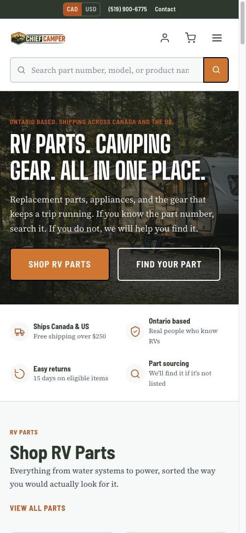 The Chief Camper homepage on a phone.