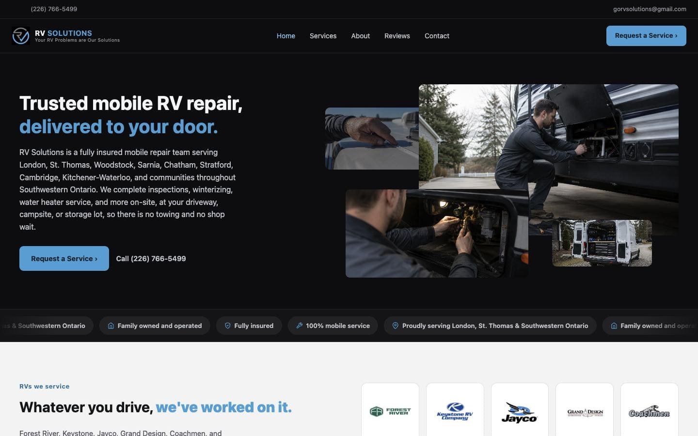 The redesigned RV Solutions homepage on a desktop screen.